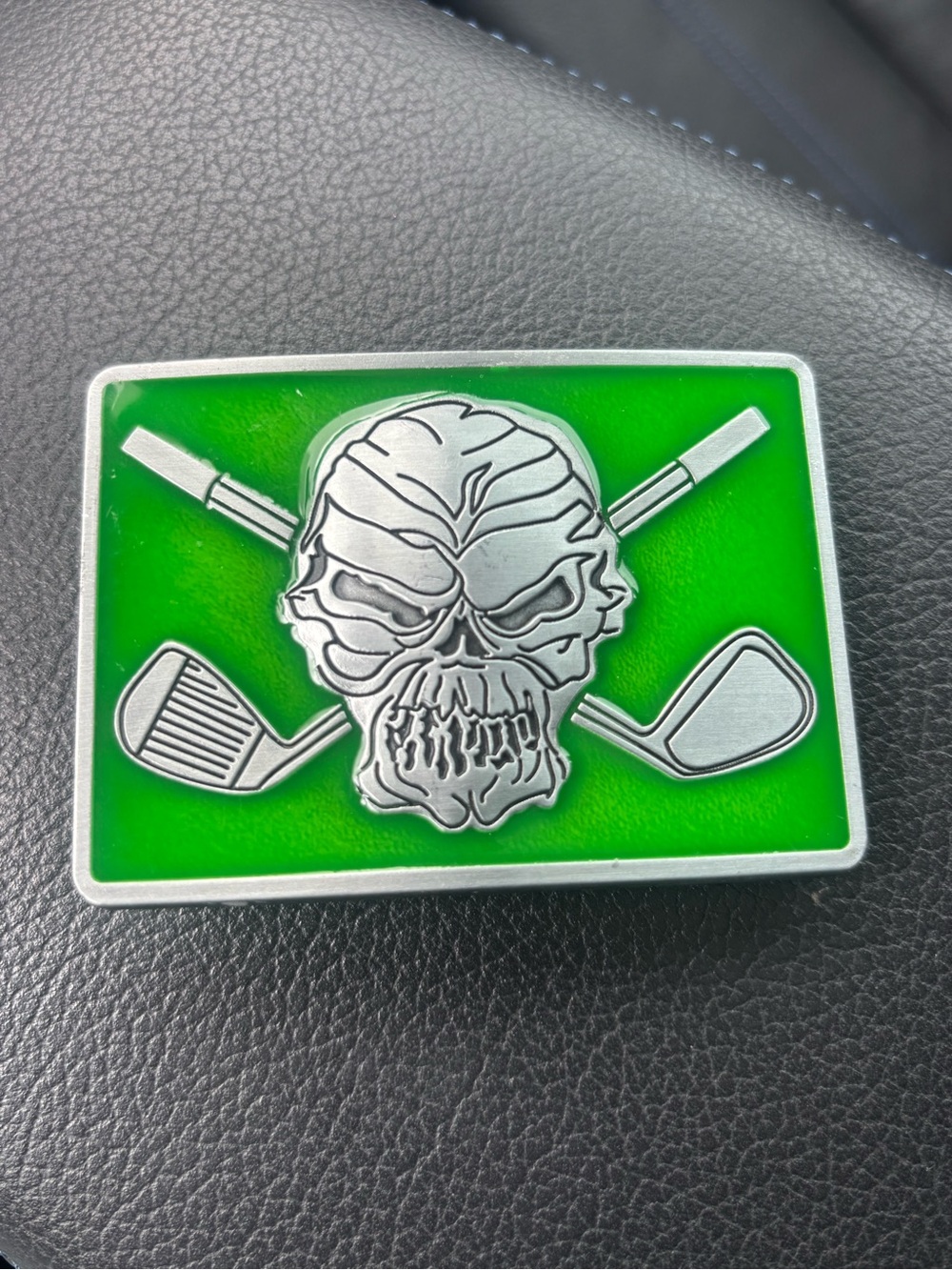Tattoo Golf Skull Head Golf Clubs Green Enamel Belt Buckle